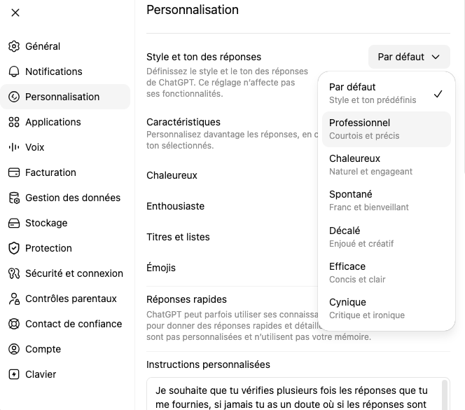 personnalisation chat GPT juillet 2026